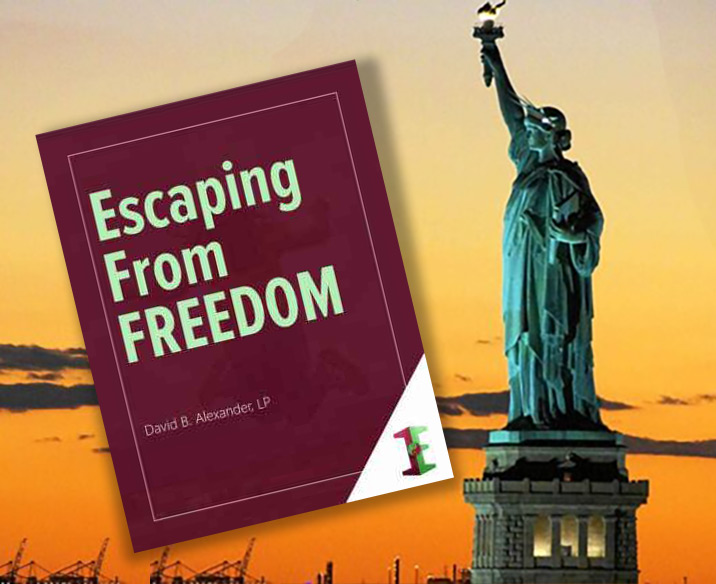 Escaping From Freedom ebook cover, along with Statue of Liberty against sunset