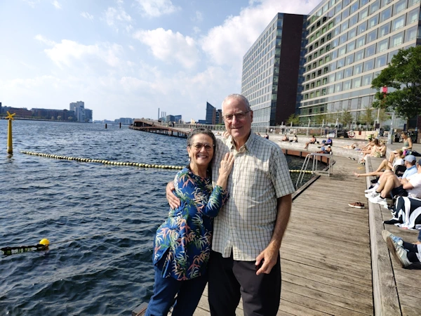 Tildet and David by the Nyhavn River, in the center of Copenhagen